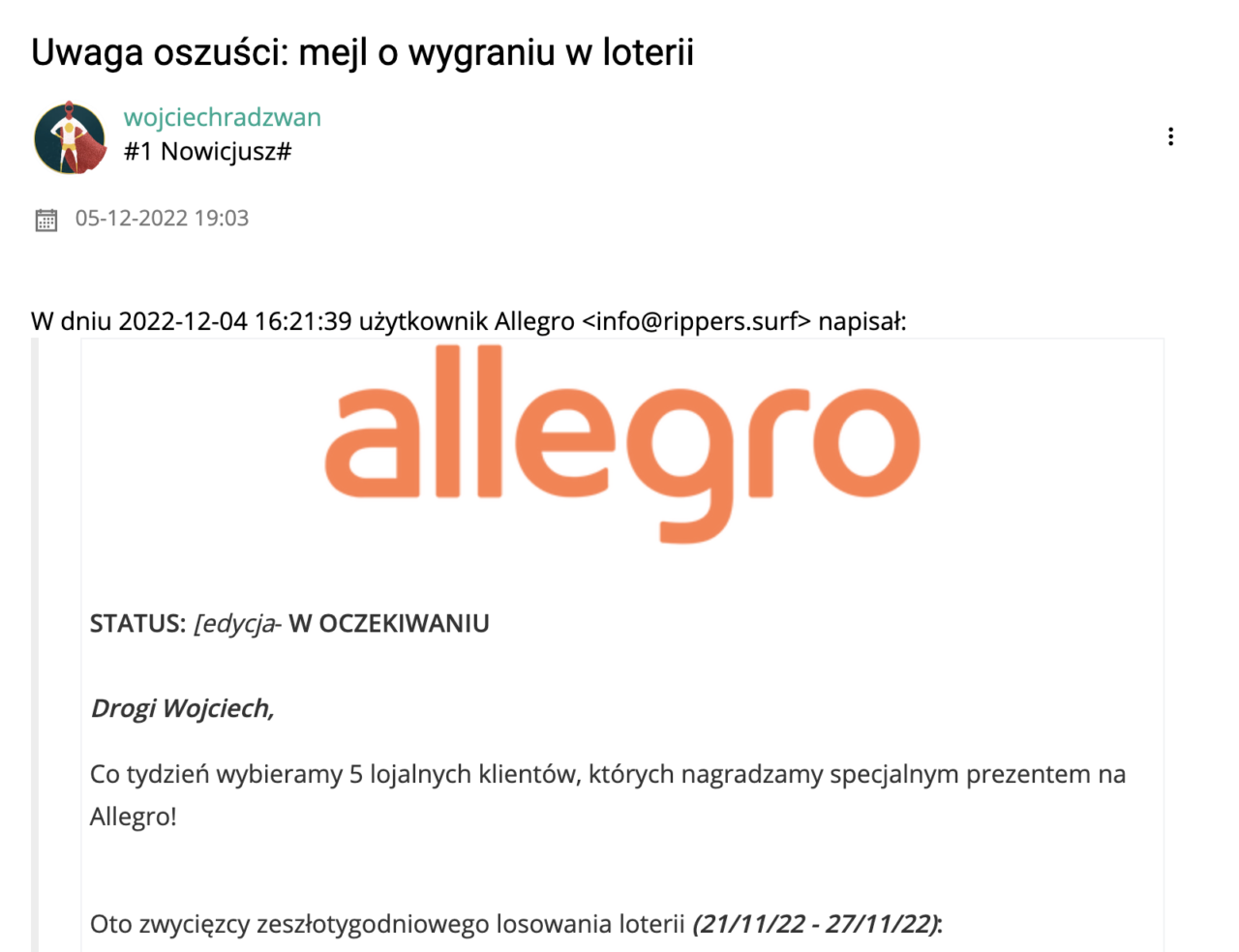 Zrzut ekranu e-maila ostrzegającego przed oszustwem związanych z wygraną w loterii, zawiera logo Allegro i teksty po polsku.