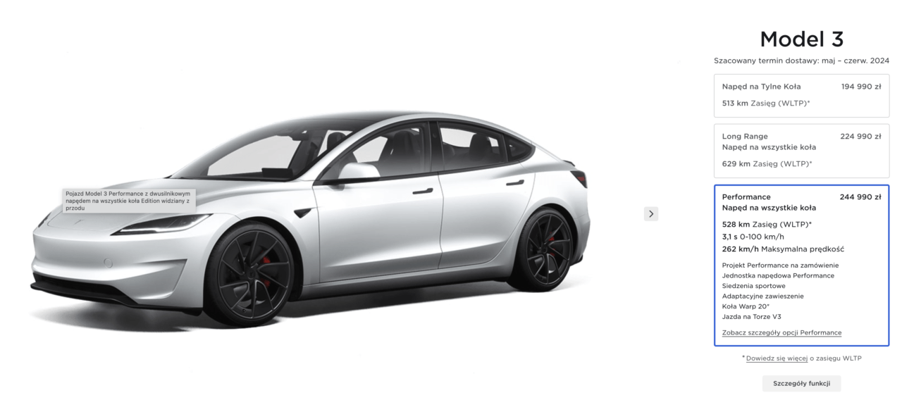 Biały elektryczny samochód Tesla Model 3 Performance z podwójnym napędem na wszystkie koła, widziany z przodu.