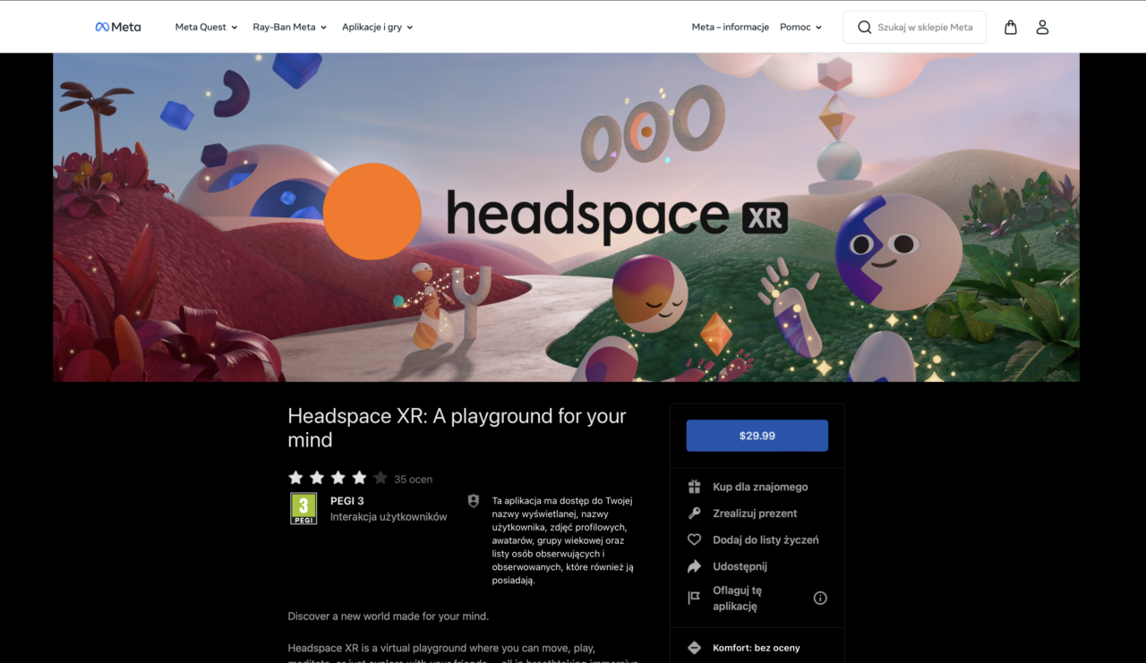 Strona internetowa z grafiką promującą aplikację "Headspace XR", przedstawiającą kolorowy i stylizowany wirtualny świat z różnymi abstrakcyjnymi postaciami i elementami.