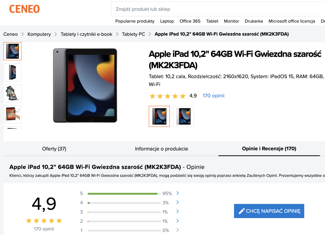Strona internetowa sklepu Ceneo z ofertą tabletu Apple iPad 10,2" 64GB Wi-Fi Gwiezdna szarość, wraz z oceną produktu 4,9 na 5 na podstawie 170 opinii.