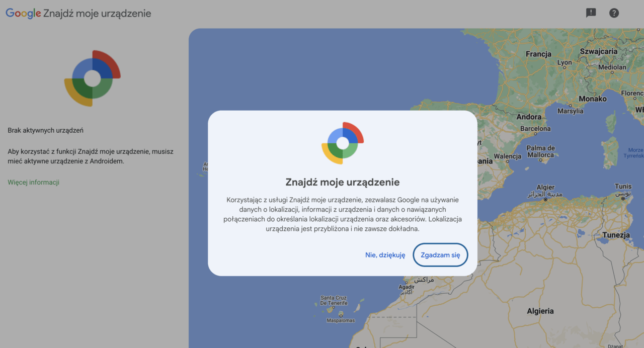 Ekran usługi "Znajdź moje urządzenie" Google z mapą Europy Zachodniej i komunikatem o braku aktywnych urządzeń z systemem Android.