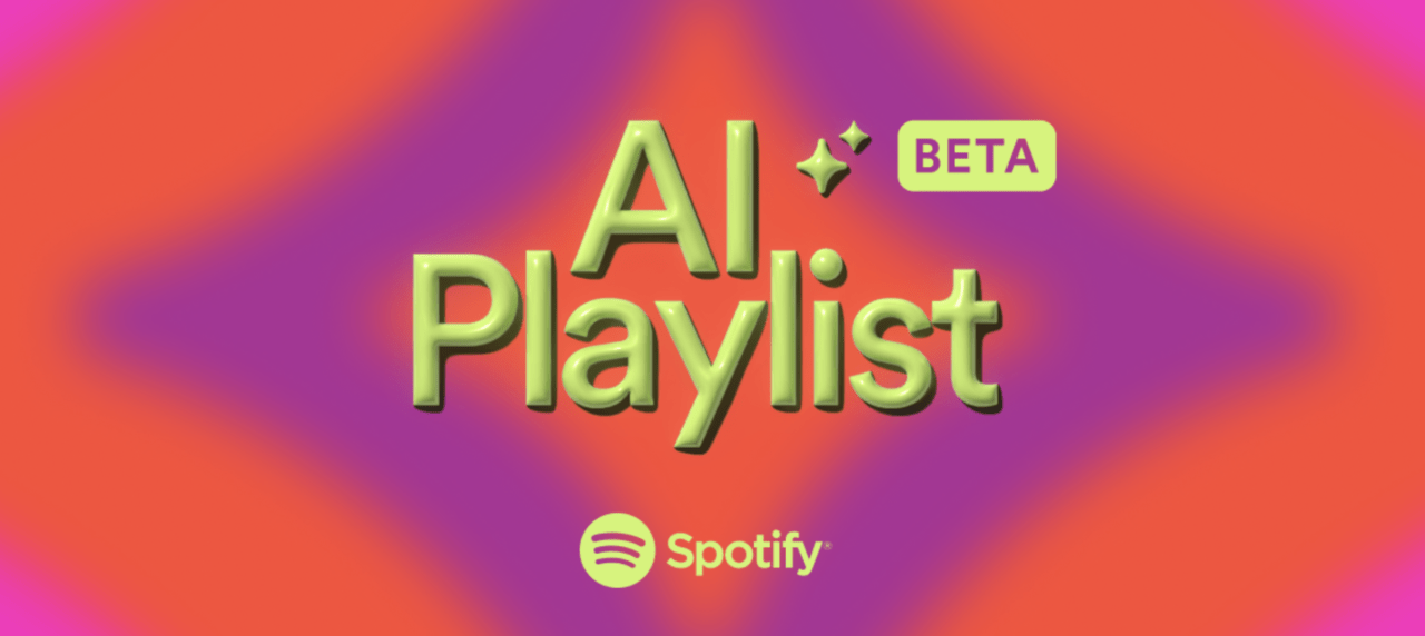 Playlisty AI na Spotify. Grafika promocyjna "AI Playlist BETA" na gradientowym tle w odcieniach pomarańczowego i fioletu z logo Spotify.