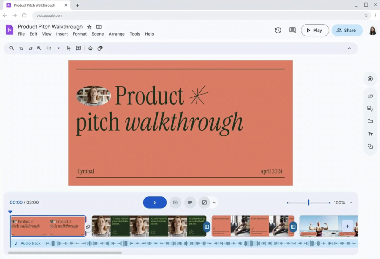 Zrzut ekranu z interfejsem edytora wideo online, przedstawiający prezentację zatytułowaną "Product pitch walkthrough" na pomarańczowym tle, z datą "April 2024" i miniaturą video z kobietą w okręgu. Na dole widoczny jest pasek czasu z kilkoma innymi miniaturami i ścieżką dźwiękową.