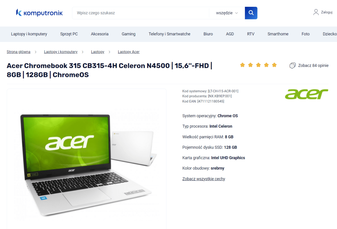 Strona internetowa sklepu Komputronik z informacjami o laptopie Acer Chromebook 315 CB315-4H Celeron N4500, przedstawionym na zdjęciach z przodu i z tyłu, z podstawowymi specyfikacjami jak 15,6-calowy ekran FHD, 8GB RAM, 128GB SSD i system ChromeOS.