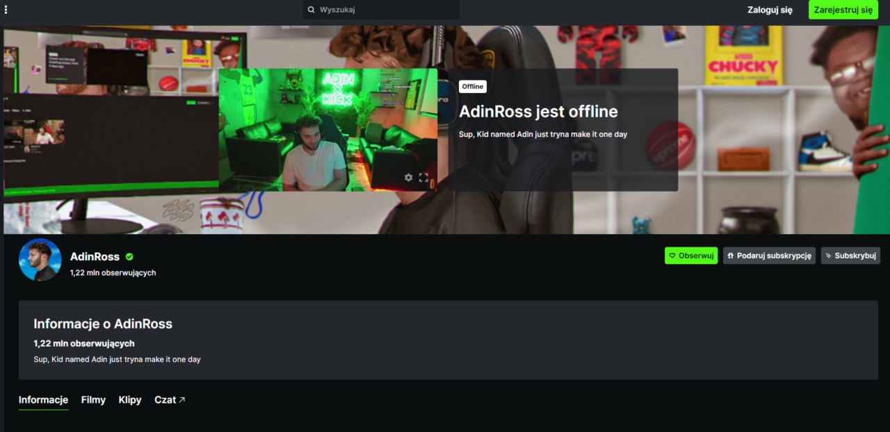 Zrzut ekranu profilu AdinRoss na platformie streamingowej, pokazujący offline status, zdjęcie profilowe i interfejs użytkownika z przyciskami subskrypcji.
