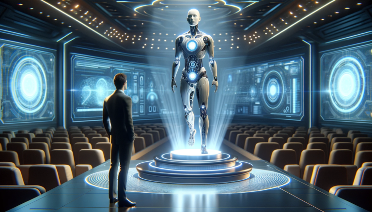 Mężczyzna patrzy na zaawansowanego robota humanoida na obrotowej platformie w nowoczesnej sali z hologramami i ekranami.