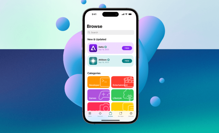 Smartfon wyświetlający ekran przeglądania aplikacji z kategoriami i aktualizacjami na tle z bąbelkami w pastelowych kolorach. Alternatywa dla AppStore jest już zainstalowana