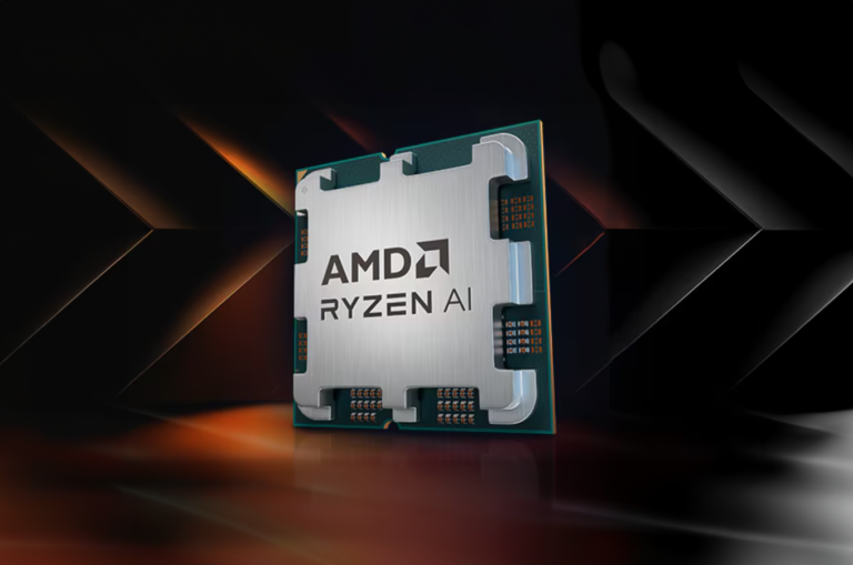 Procesor AMD Ryzen AI na tle geometrycznych kształtów i oświetlenia w ciepłych barwach.