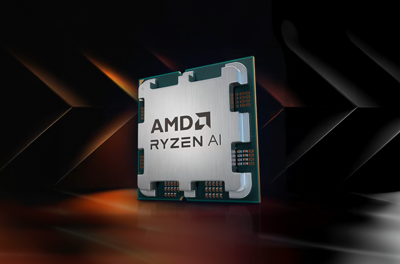 Procesor AMD Ryzen AI na tle geometrycznych kształtów i oświetlenia w ciepłych barwach.