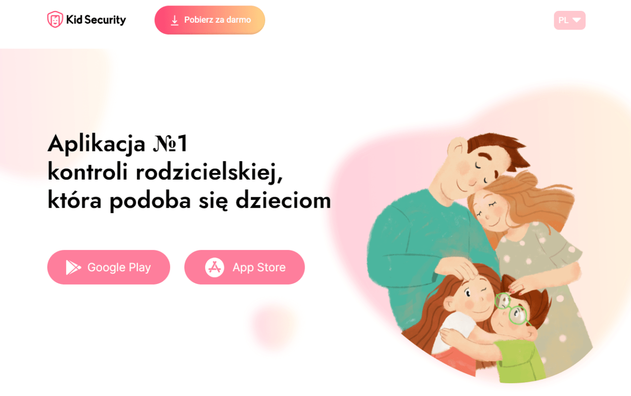 Ilustracja przedstawiająca szczęśliwą rodzinę składającą się z ojca, matki i dwojga dzieci przytulających się do siebie, z napisem promującym aplikację kontroli rodzicielskiej oraz przyciskami pobierania z Google Play i App Store.