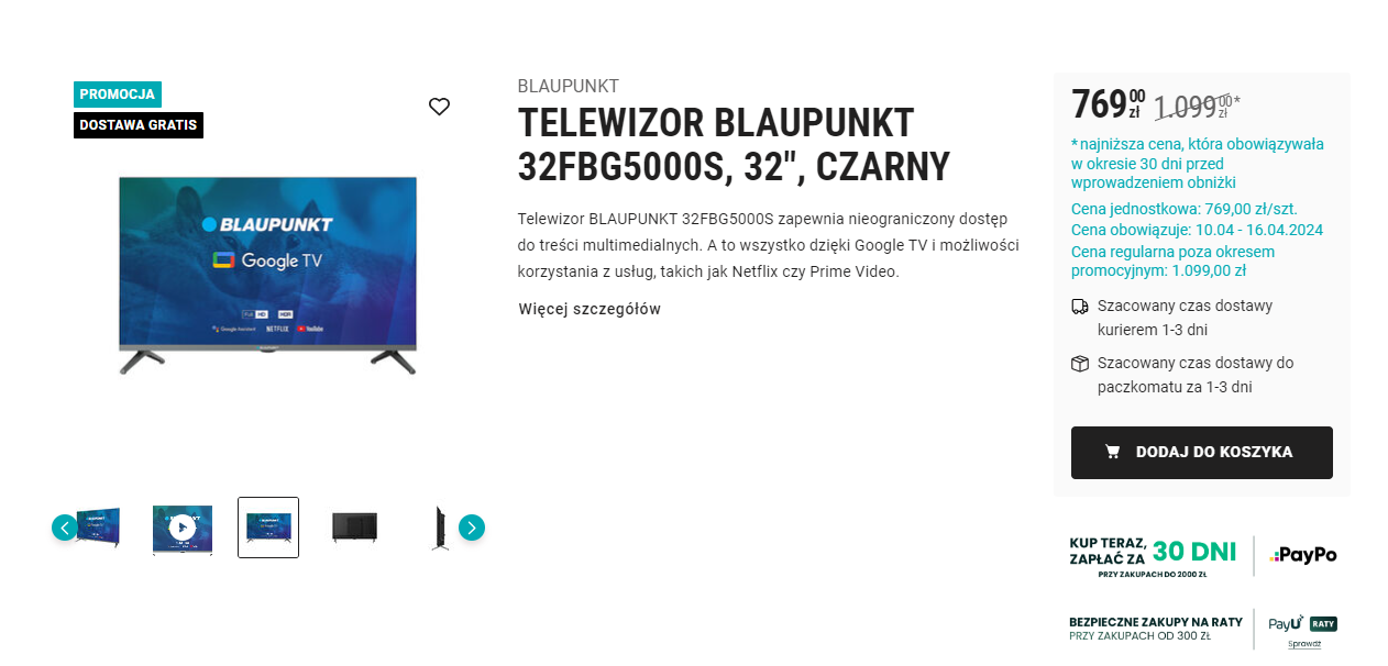 Zrzut ekranu z ofertą telewizora Blaupunkt w sieci Biedronka, 32FBG5000S, 32 cale, koloru czarnego, z oznaczeniem Google TV na stronie internetowej sklepu, wraz z opisem produktu i informacjami o cenie promocyjnej oraz regularnej.