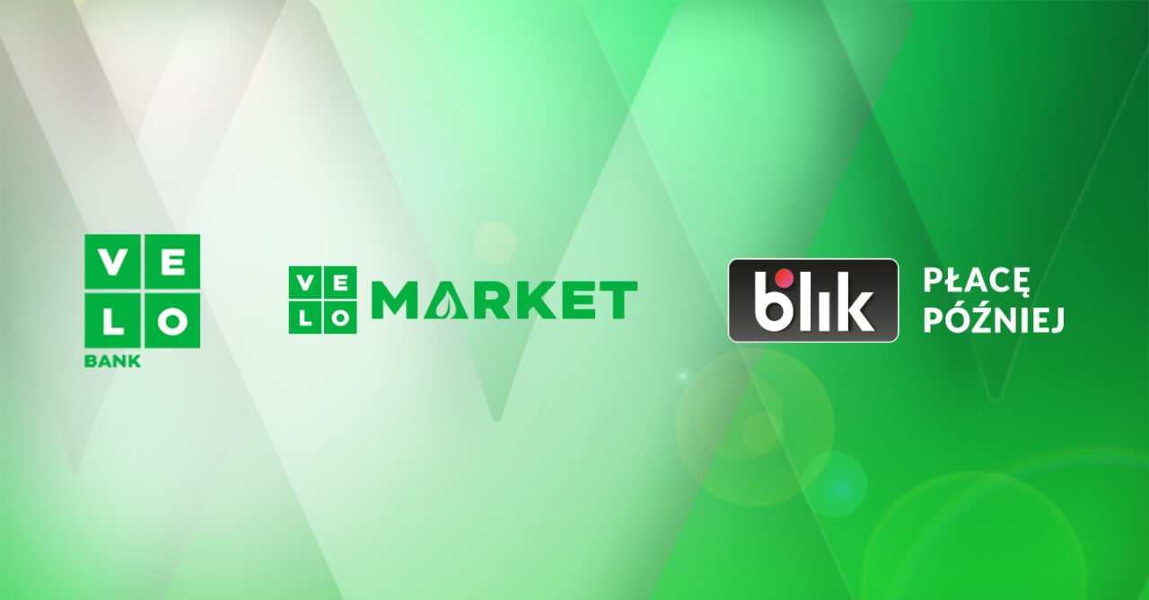Banery reklamowe banku VELO i usługi płatniczej BLIK na zielonym, gradientowym tle.