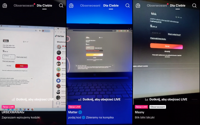 Trzy zrzuty ekranu ze smartfonów pokazujące, jak polacy wykorzystują TikTok do żebrania o pieniądze przesyłane protokołem BLIK