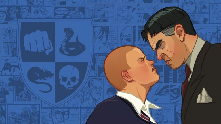 Ilustracja przedstawia dwóch postaci komiksowych, młodego chłopaka w szkolnym mundurku i dorosłego mężczyznę w garniturze, którzy stoją twarzą w twarz na tle niebieskiego muru z elementami herbu i komiksowymi wycinkami. Gra Bully będzie dostępna w GTA+