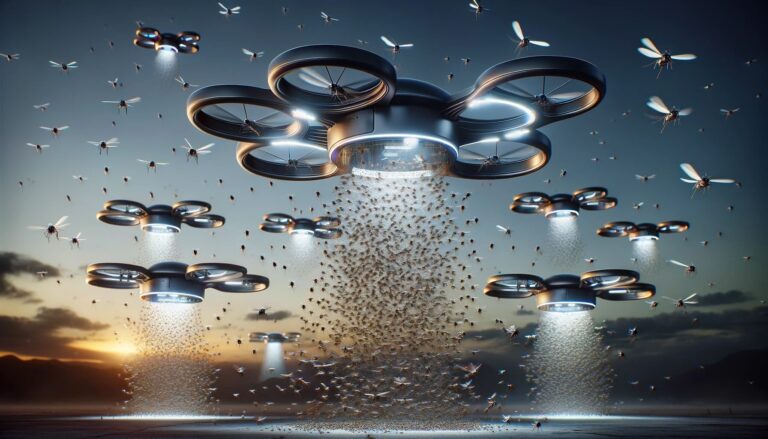 Choroby przenoszone przez komary znikną? Pomogą drony. Grupa dronów unoszących się na tle zachodzącego słońca, z których każdy emituje roje małych, latających robotów przypominających owady.