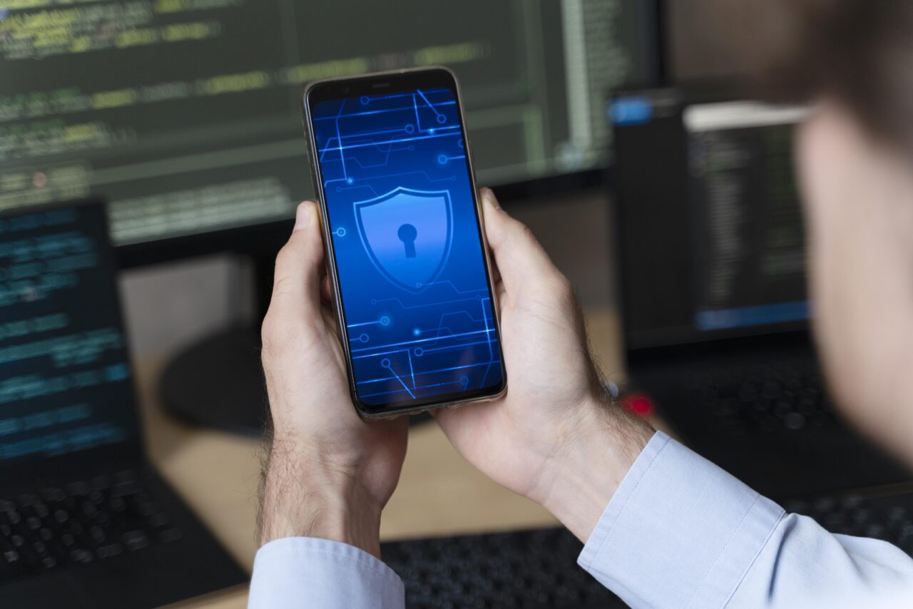 Mężczyzna trzymający smartfon z ekranem pokazującym symbol ochrony danych w formie tarczy z kłódką, w tle rozmazane komputery i ekrany z kodem programistycznym.