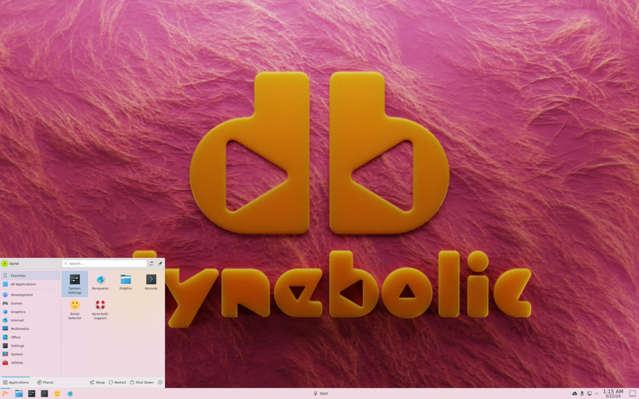 Zrzut ekranu systemu operacyjnego z otwartym menu start, na którym wyraźnie widać żółte trójwymiarowe logo dyne:bolic na różowym tle.
