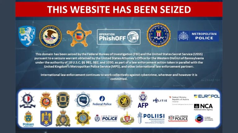 Ekran ostrzeżenia o zajęciu strony internetowej przez FBI i inne międzynarodowe organy ścigania z logo wielu globalnych agencji policyjnych oraz informacją o operacji "PhishOff".