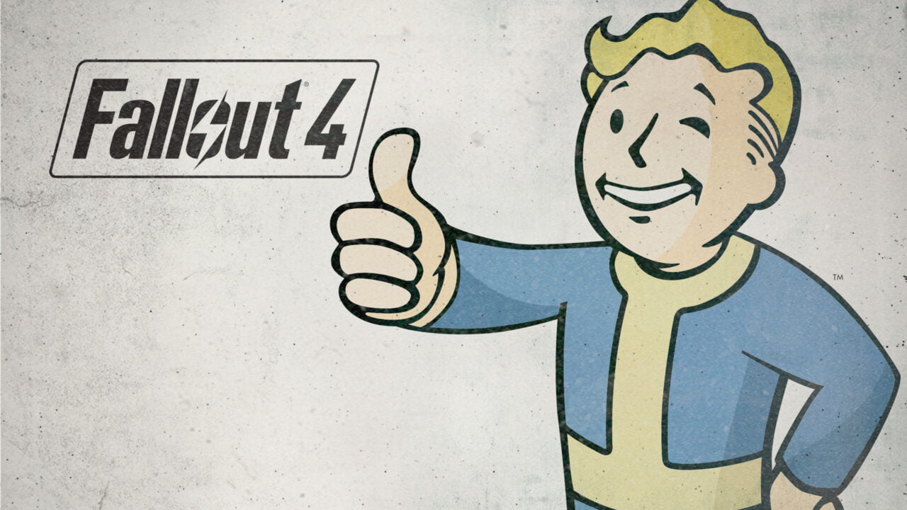 Grafika przedstawiająca postać Vault Boy z serii gier Fallout, dającego kciuk w górę, z napisem "Fallout 4" na tabliczce.