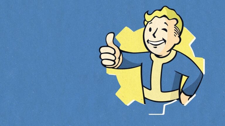 Postać z gry wideo Fallout 4 z uśmiechem, pokazująca gest "kciuk do góry", na niebieskim tle z żółtą kropą.