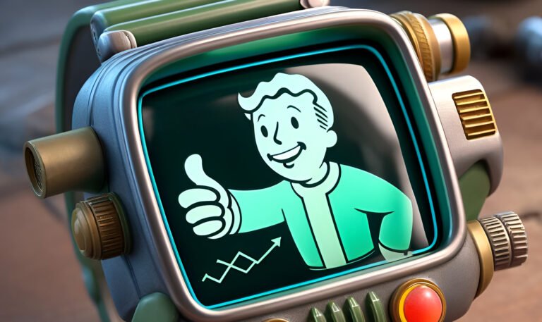 Rysunek kreskówkowej postaci na ekranie retro-urządzenia z gry Fallout, postać pokazuje kciuka w górę obok wykresu wzrostu.
