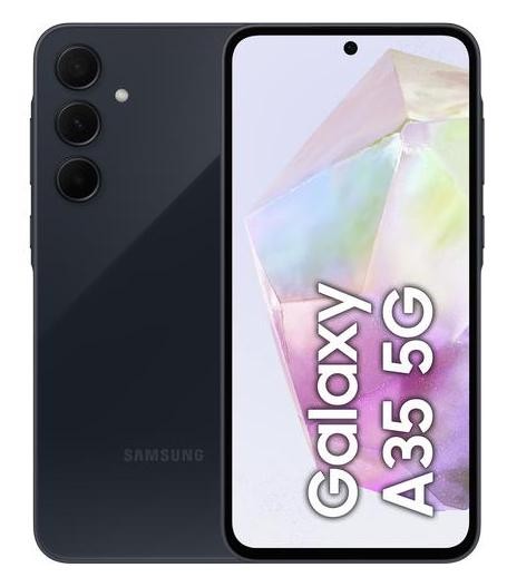 Czarny smartfon Samsung Galaxy A35 5G z potrójnym aparatem i ekranem wyświetlającym nazwę modelu.