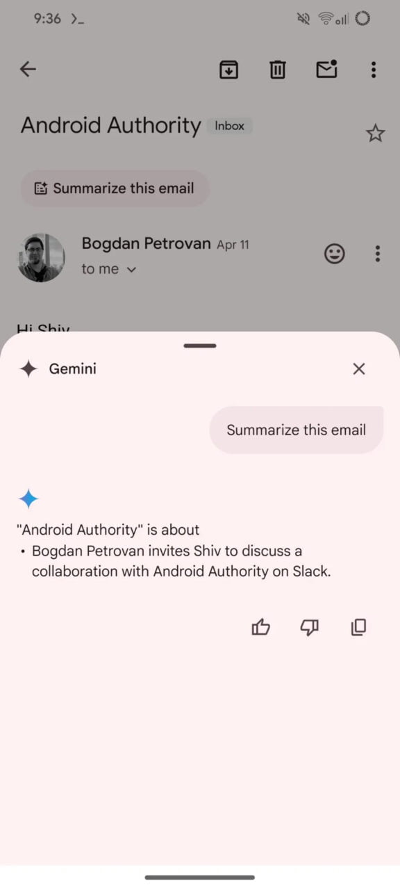 Podsumowanie wiadomości w aplikacji Gmail z wykorzystaniem Gemini. Ekran poczty elektronicznej z podsumowaniem wiadomości wysłanej przez Bogdana Petrovana do osoby o imieniu Shiv, zapraszającej do dyskusji na temat współpracy z Android Authority na platformie Slack.