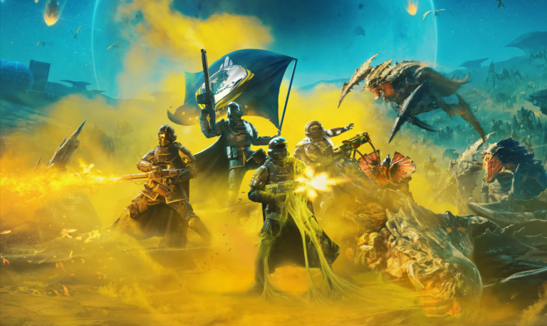 Scena z gry wideo Helldivers 2 przedstawiająca grupę zbrojnych wojowników na tle fantastycznego, fantastycznego krajobrazu z rakietami i latającymi potworami.