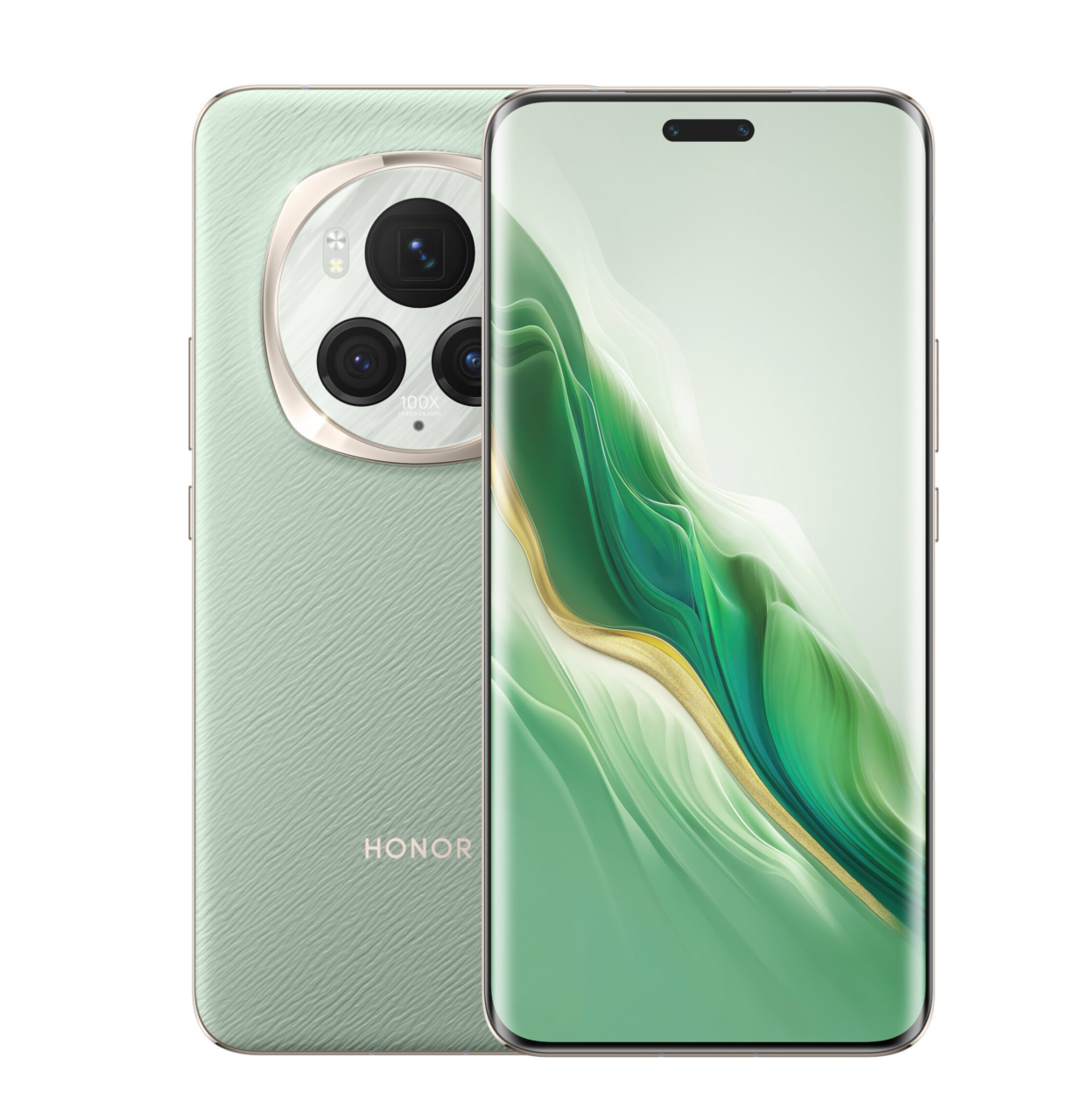Zielony smartfon Honor z okrągłym modułem aparatu i wyświetlaczem z kolorową grafiką.