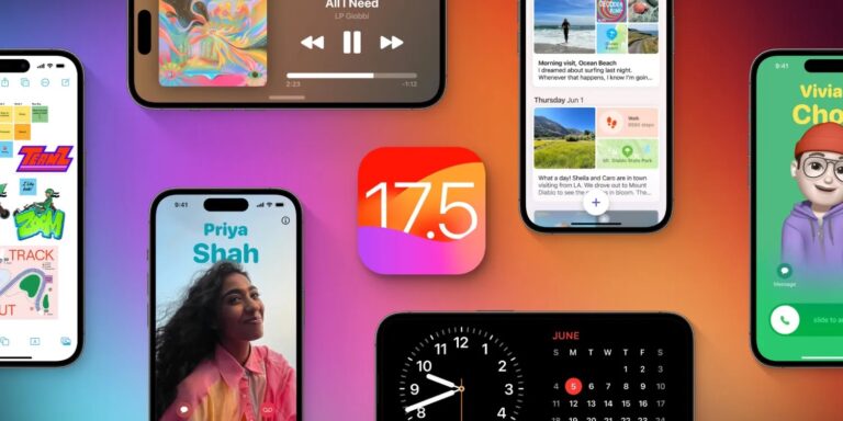 iOS 17.5 Ekran główny różnych modeli iPhone'ów z wyświetlaczami przedstawiającymi różne aplikacje i widgety na kolorowym tle.