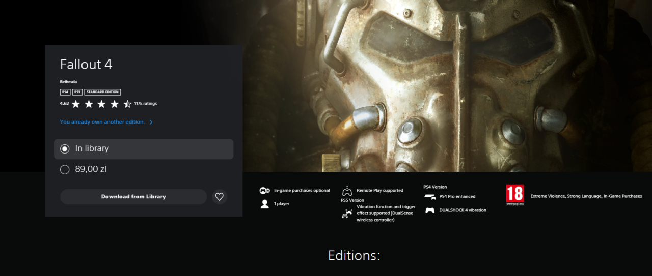 Ekran sklepu gry wideo przedstawiający stronę Fallout 4 z widoczną zbroją Power Armor, ocenami użytkowników, opcjami zakupu i informacjami o grze.