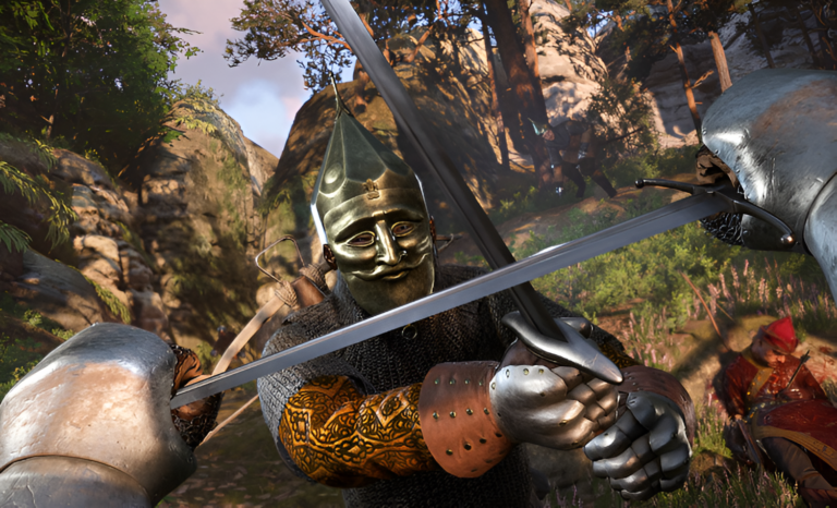 Wojownik w złotej hełmie średniowiecznej okrzyczany przez innego wojownika w leśnym otoczeniu. To zrzut ekranu z gry Kingdom Come: Deliverance 2
