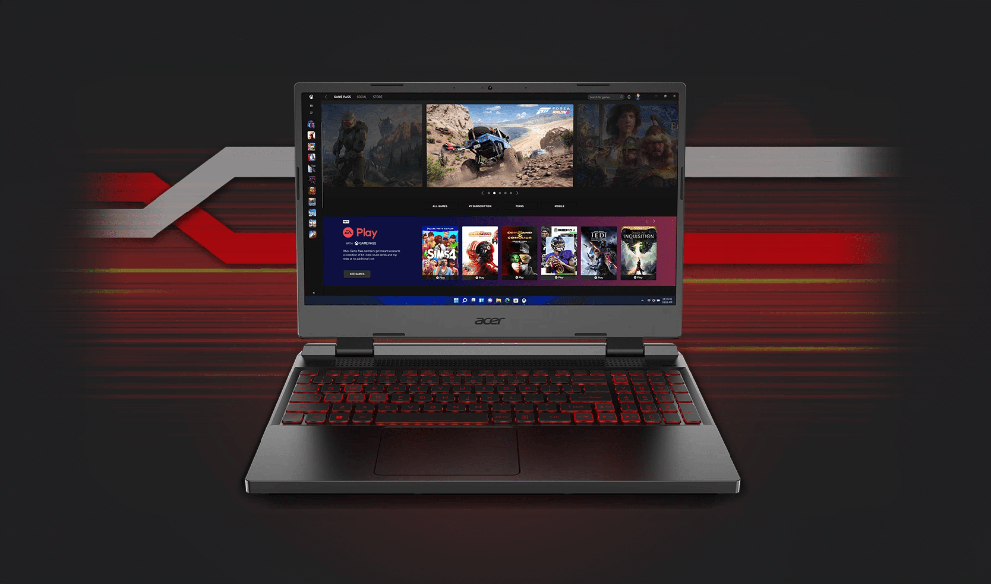 Laptop gamingowy Acer z czerwonym podświetleniem klawiatury wyświetlający interfejs platformy do dystrybucji gier cyfrowych z miniaturkami gier na ekranie, umieszczony na tle w odcieniach czerwieni i czerni.