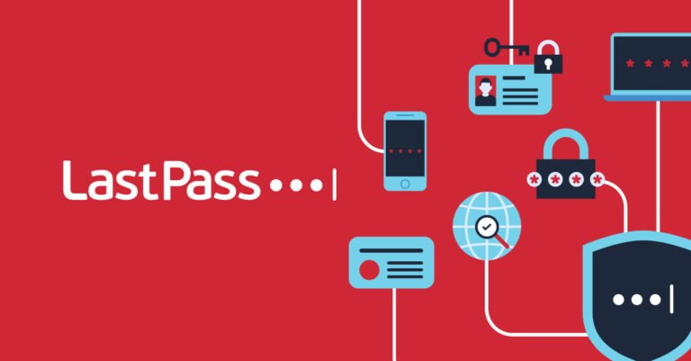 Grafika przedstawiająca logo "LastPass" z ilustracjami symbolizującymi zarządzanie hasłami: smartfon, karty identyfikacyjne, zabezpieczenia i urządzenia sieciowe, na czerwonym tle.