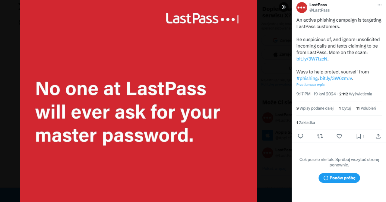 Ekran z postem na Twitterze firmy LastPass ostrzegającym przed próbami wyłudzenia informacji, w tle czerwone tło z białym tekstem: "No one at LastPass will ever ask for your master password".