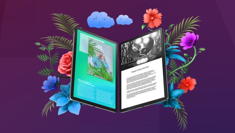 Podwójna strona elektronicznej książki otoczona kolorowymi ilustracjami kwiatów i liści, lewa strona prezentuje artykuł z zdjęciem starszej kobiety, prawa strona zawiera tekst z obrazkiem rzeźby.