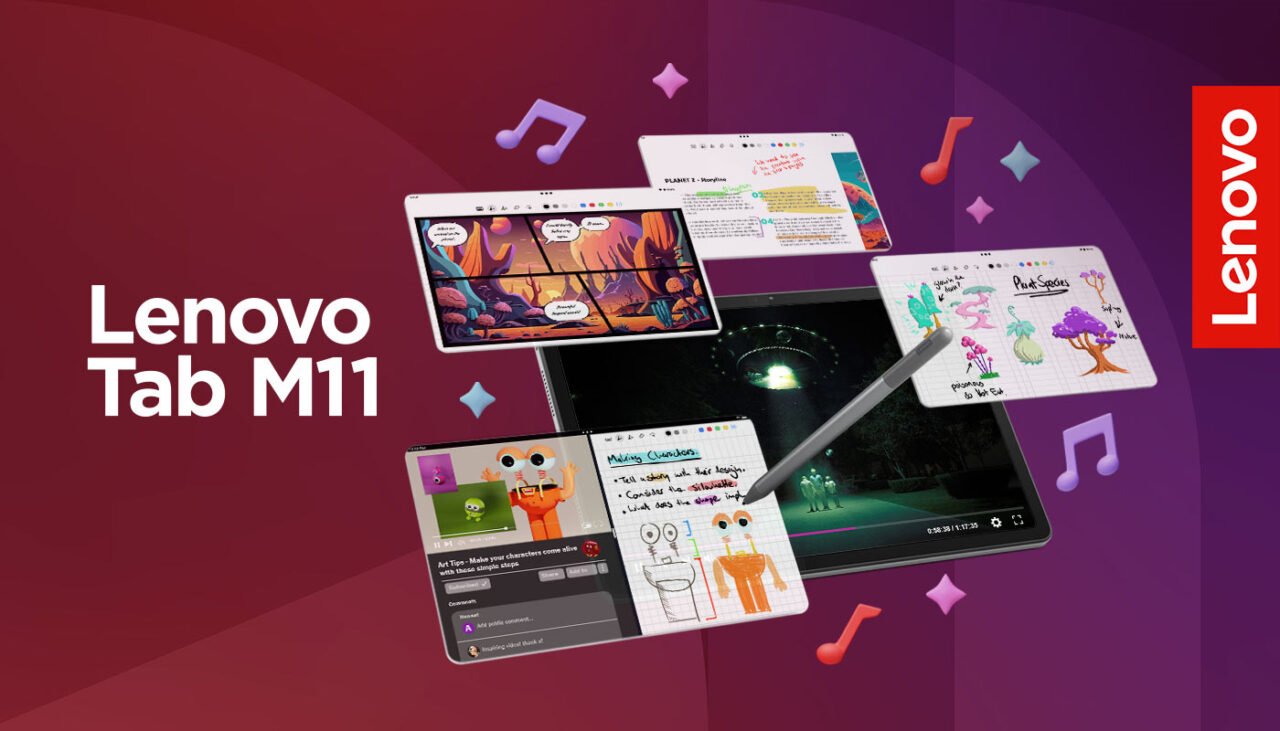 Reklama tabletu Lenovo Tab M11 z wyświetlonymi aplikacjami do rysowania, muzyki i edukacji na różnych urządzeniach, na tle czerwono-fioletowym z elementami muzycznymi i logo Lenovo.