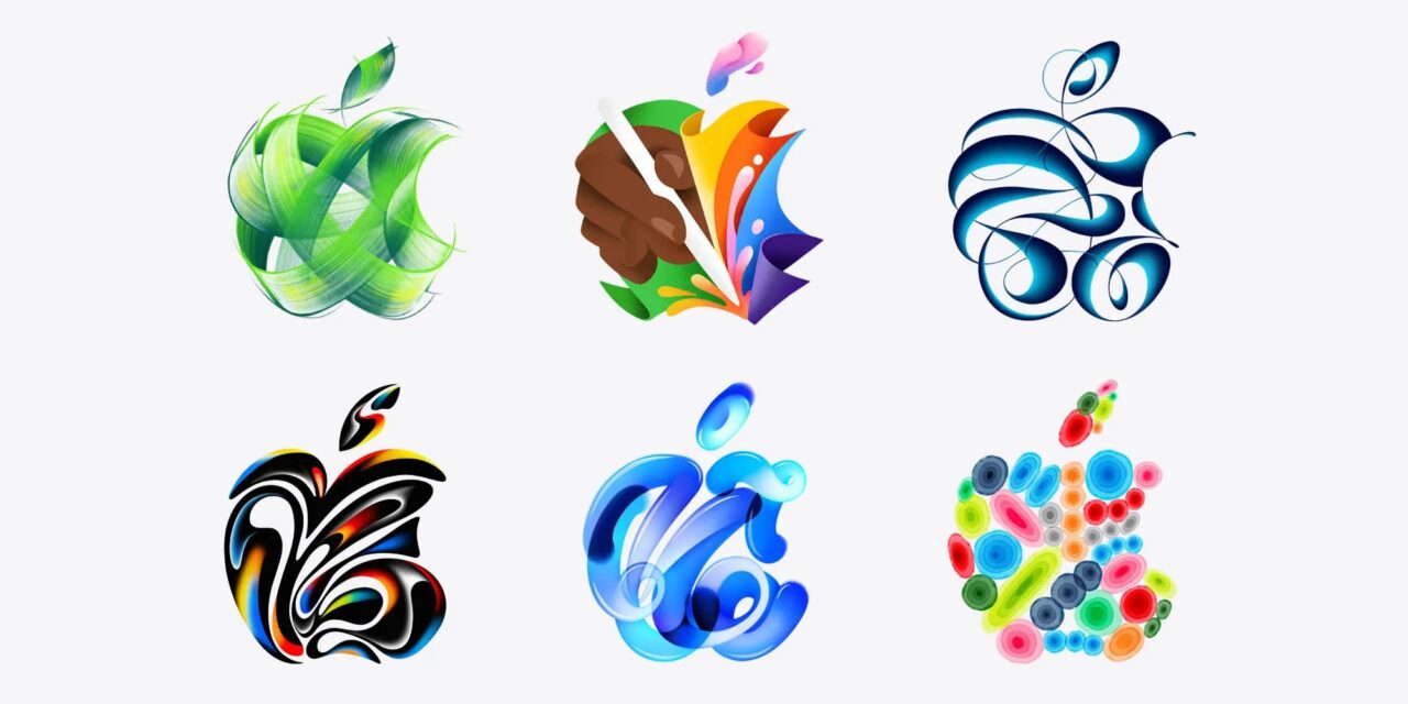 Apple Event. Kolaż różnych kreatywnych i artystycznych reprezentacji logo Apple wykonanych w różnych stylach i kolorach.