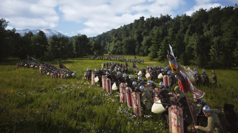 Scena bitwy średniowiecznej z żołnierzami w zbrojach w grze Manor Lords, którzy szykują się do walki na łące, z zielonymi lasami i górami w tle.