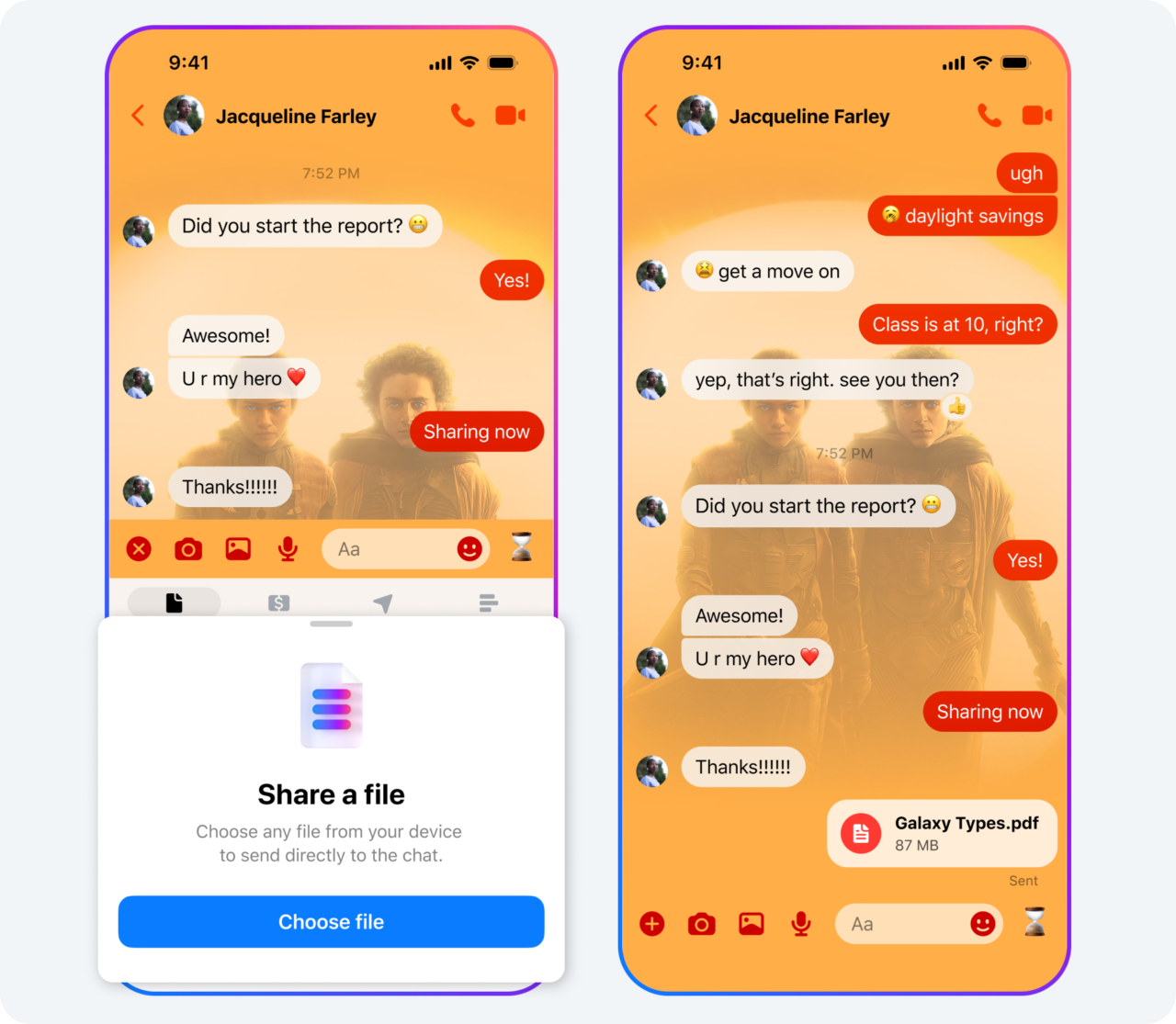 Zrzut ekranu dwóch interfejsów aplikacji Messenger do wysyłania wiadomości z okienkami czatu pomiędzy użytkownikiem a osobą o imieniu Jacqueline Farley, z widocznymi wiadomościami tekstowymi oraz opcjami udostępniania plików.