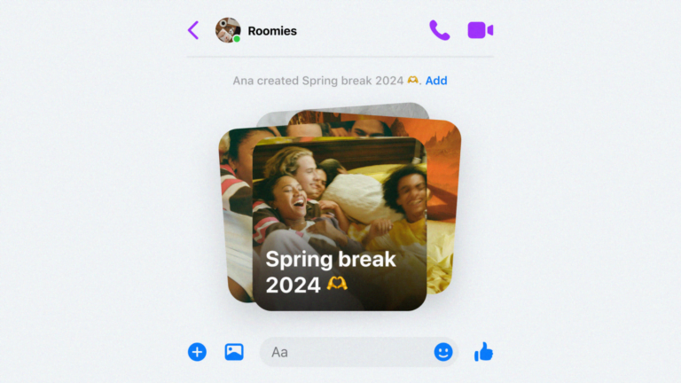 Interfejs aplikacji Messenger z nawigacją i opcjami kontaktu, wyświetlający przycisk stworzenia wydarzenia "Spring break 2024" z obrazem czterech roześmianych osób oraz ikoną samolotu.
