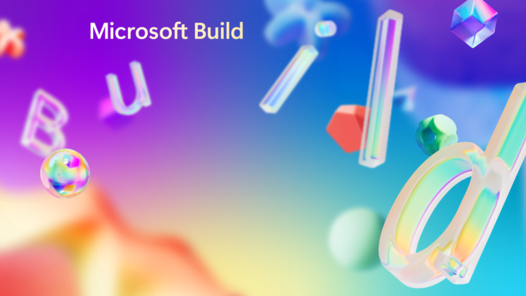 Kolorowa i abstrakcyjna grafika przedstawiająca unoszące się trójwymiarowe litery i kształty na tle gradientu, z napisem "Microsoft Build" w lewej górnej części obrazu.