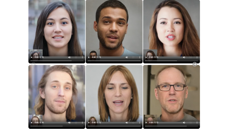 Sześć różnych ujęć twarzy mężczyzn i kobiet, każde w ramce odtwarzacza wideo, z widocznymi oznaczeniami czasu trwania.
