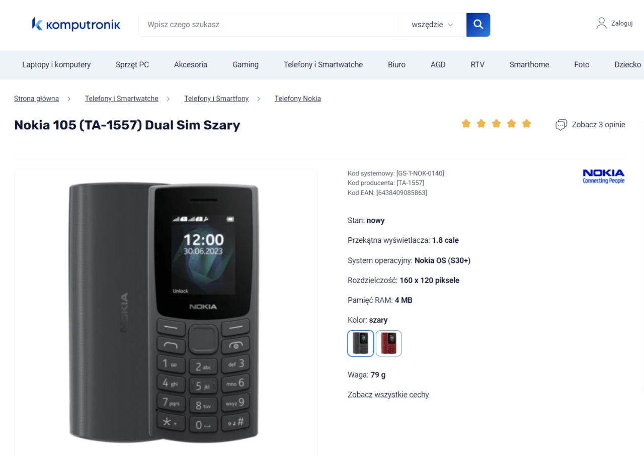 Telefon komórkowy Nokia 105 (TA-1557) Dual Sim w kolorze szarym na stronie sklepu internetowego Komputronik.