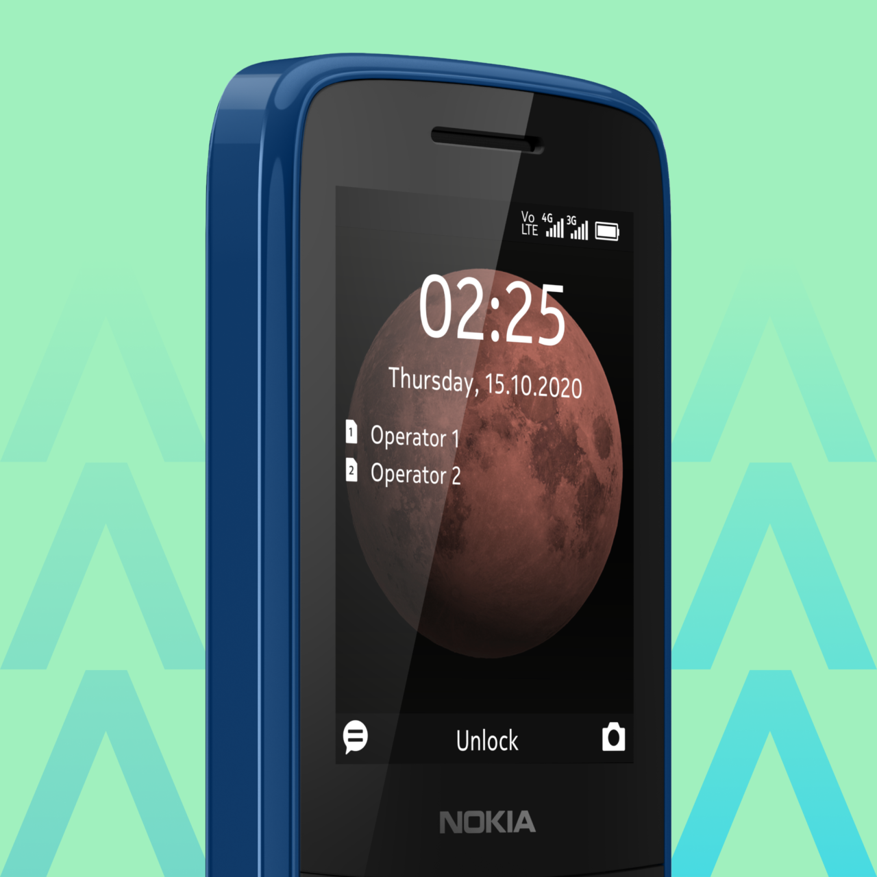 Niebieski telefon Nokia z wyświetlaczem pokazującym godzinę 02:25, datę czwartek, 15 październik 2020, tło z obrazem Marsa, ikony statusu sieci i baterii.