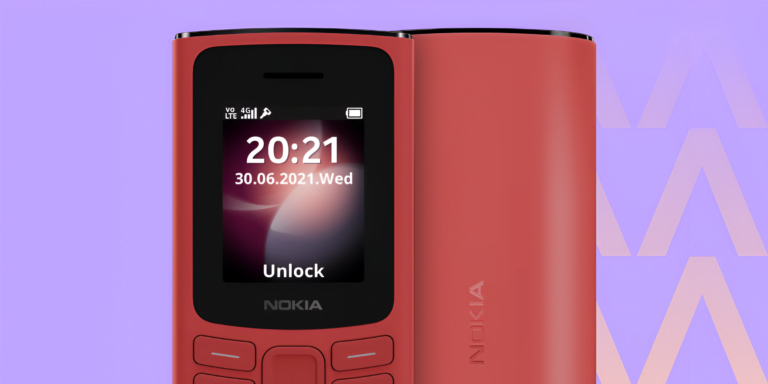 Czerwony telefon komórkowy Nokia na fioletowym tle, wyświetlacz pokazuje godzinę 20:21 oraz datę 30.06.2021.