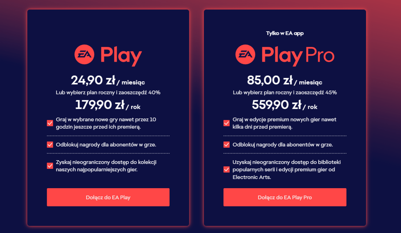 Porównanie dwóch planów subskrypcji EA: EA Play i EA Play Pro, z cenami, korzyściami abonamentu i przyciskami dołącz do planu.