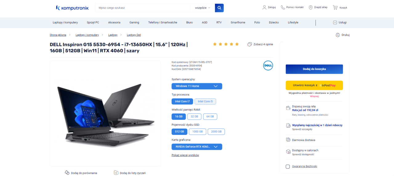 Mocny laptop taniej o kilkaset złotych. Strona internetowa z ofertą laptopa Dell Inspiron G15, wyświetlająca zdjęcia produktu, specyfikacje techniczne oraz opcje zakupu.