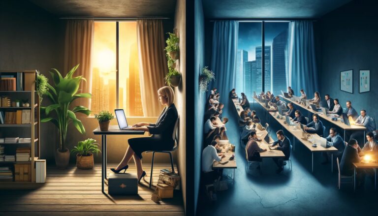 Dwuczęściowy obraz: po lewej kobietę pracującą przy laptopie w jasnym, przytulnym domowym biurze z widokiem na zachodzące słońce; po prawej stronie sala konferencyjna pełna ludzi w biurowym środowisku z dużymi oknami i widokiem na nowoczesne wieżowce.