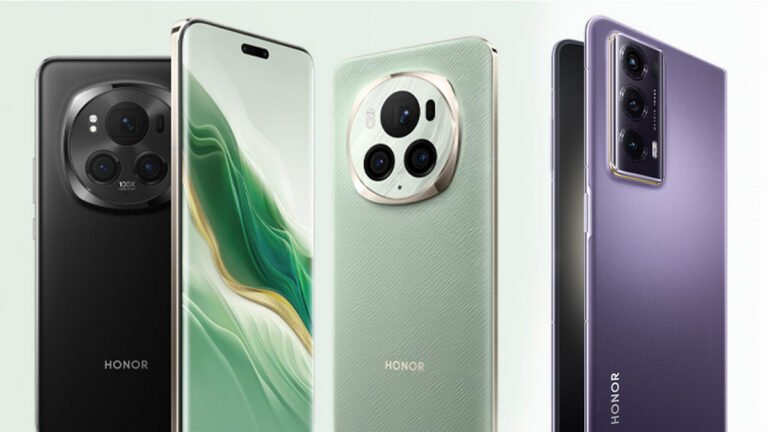 Trzy smartfony marki Honor umieszczone obok siebie, z widocznymi tylnymi kamerami o różnych konfiguracjach i kolorach: czarnym, zielonym i fioletowym.